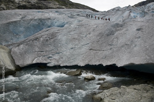 The Glacier Snout of the Nigardsbreen with glacier hikers, Jostedalsbreen, Sogn og Fjordane, Norway, Europe photo