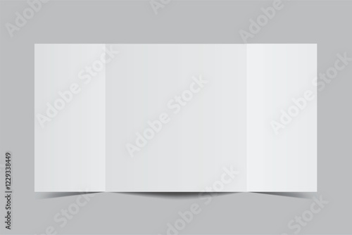 Blank trifold open leaflet, three panel fold with shadows mockup template on background .Open booklet, thank you card, notecards, flyer, greeting card, wedding invitation, postcard, brochure. Vector
