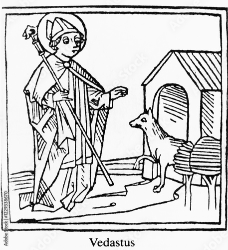 Konstfotografi Vedastus (Vaast. Gaston), first bishop of Arras, medieval woodcut