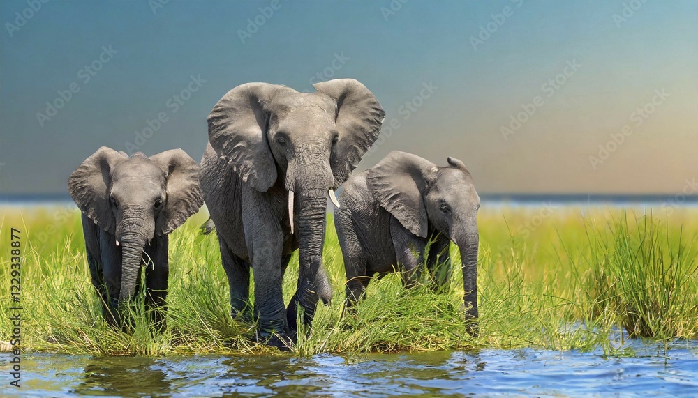 Obraz premium KI generated, animal, animals, mammal, mammals, biotope, habitat, three, elephant family, foraging, wildlife, Africa, african elephant (Loxodonta africana), water, river, bank, waters