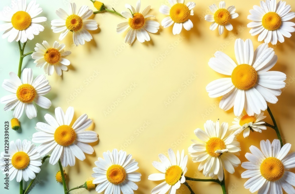 Obraz premium Creative pattern made of camomile flowers on colorful background. Floral layout for seasonal cards, blogs, posters and web design. Summer concept.Top view. Flat lay. Minimal style. Copy space