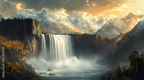 panoramic views of the highest waterfalls ,They give a sense of power,Mountains under a magnificent sky with Northern lights