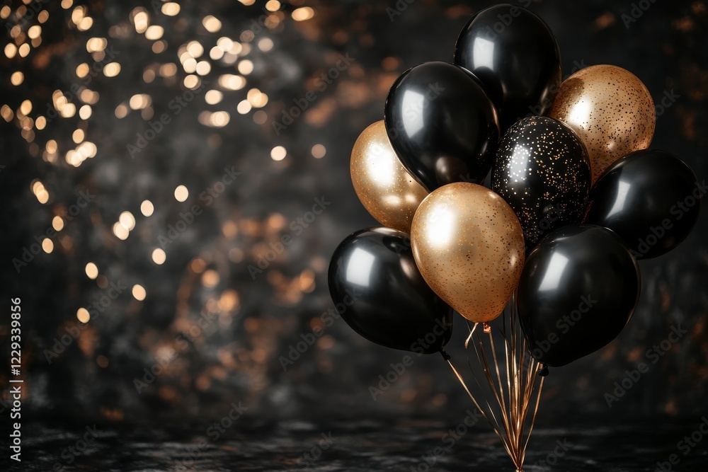 Naklejka premium Festive black and gold balloons ready for celebration in an elegant setting with sparkling background