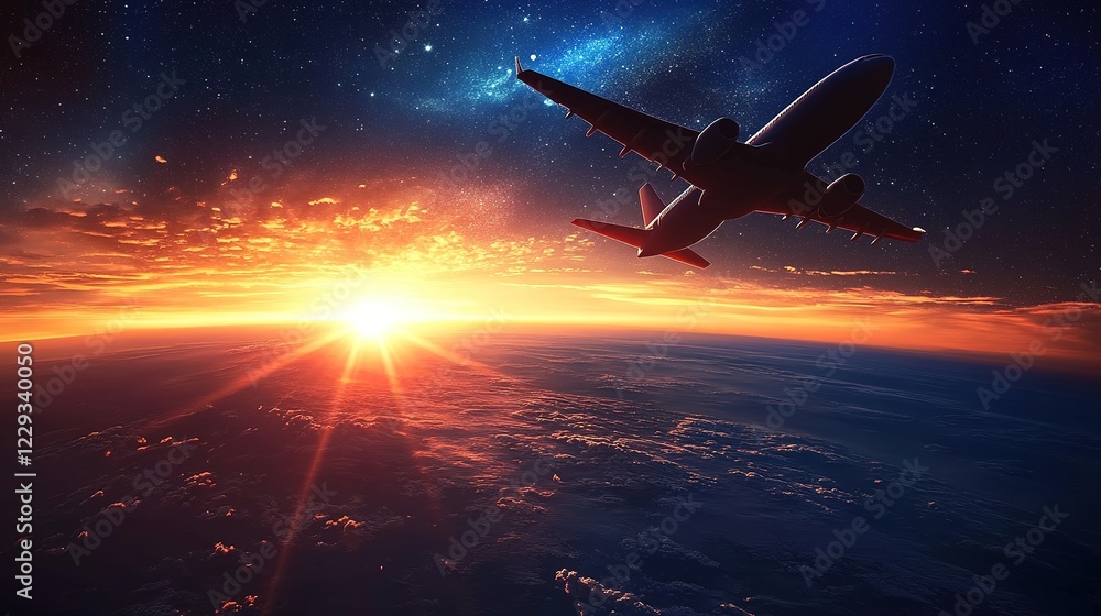 plane taking off at sunset, realistic photo with good lens flare. The Cosmic Sunrise Over Earth's Horizon Illustration depicts a rising sun rays appearing over Earth's curved horizon. plane taking off at sunset, realistic photo with good lens flare. The Cosmic Sunrise Over Earth's Horizon Illustration depicts a rising sun rays appearing over Earth's curved horizon.
