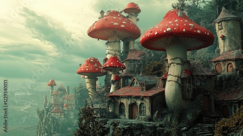 Enchanted Mushroom Village: A whimsical village nestled amongst towering, red-capped mushrooms in a fantasy landscape, bathed in an ethereal, soft-hued glow.  The scene evokes a sense of wonder.