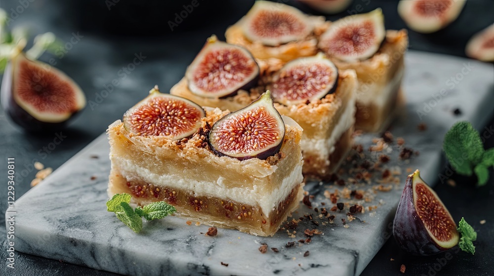 Baklava with figs on a marble board. picture Baklava with figs on a marble board. picture