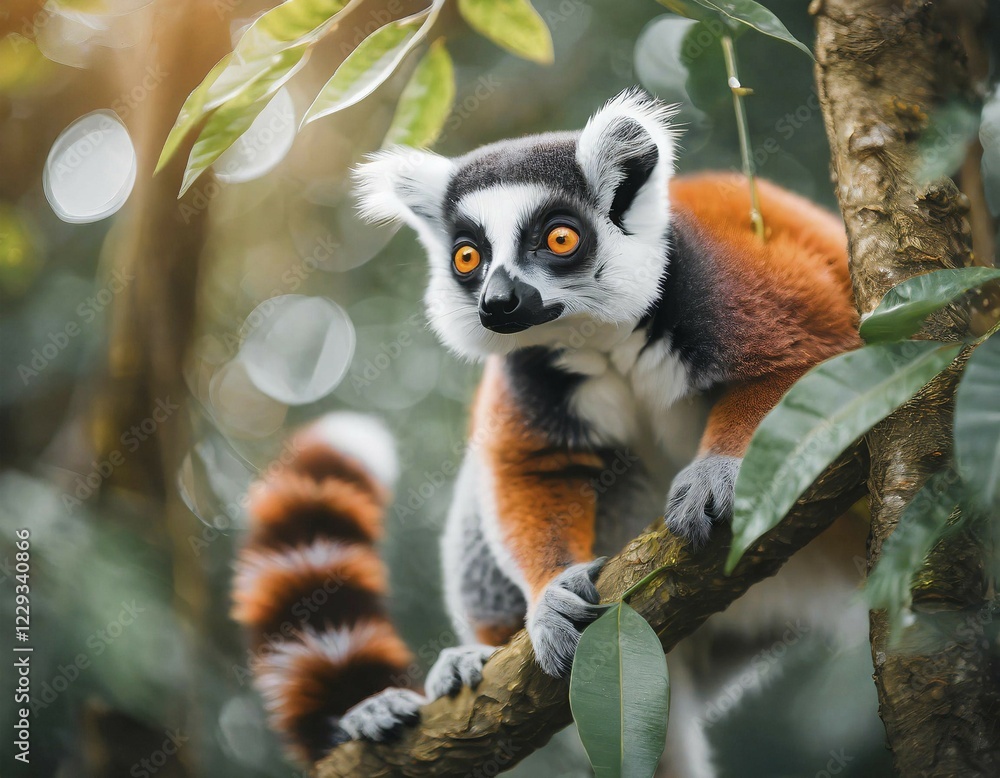Obraz premium AI generated, animal, animals, mammal, mammals, biotope, habitat, one, individual, foraging, wildlife, ring-tailed lemur (Lemur catta), Madagascar, primates, prosimians, red-brown, red-brown, lemurs, Africa