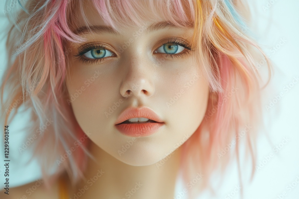 Young woman with colorful hair showcases striking features and captivating eyes in a soft light setting Young woman with colorful hair showcases striking features and captivating eyes in a soft light setting