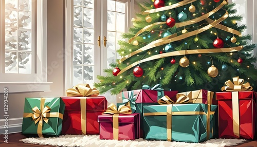 Abstract illustration of wrapped Christmas gifts, shiny ribbons and bows, stacked under a evergreen tree in a cozy living room, AI generated