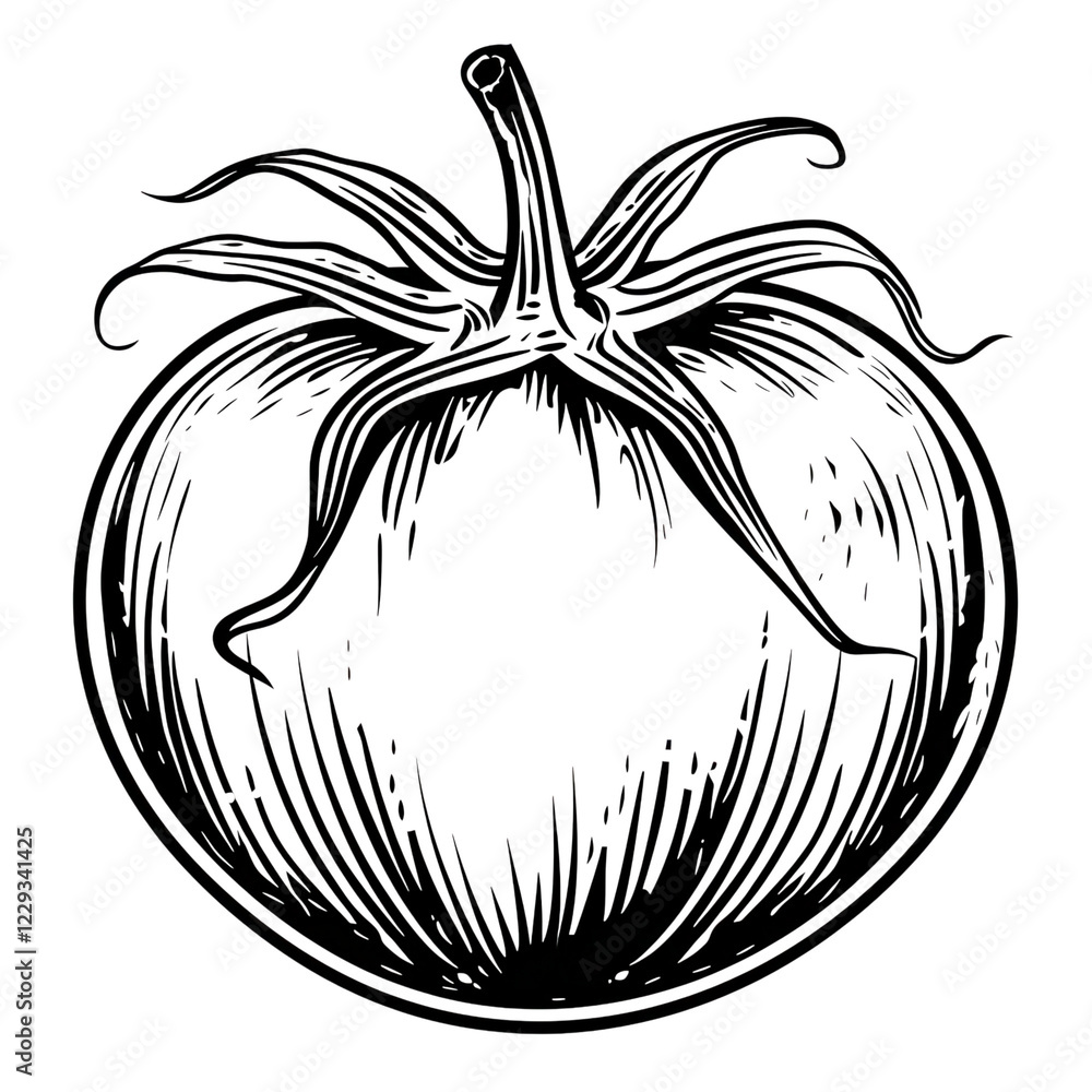 Detailed Illustration of a Fresh Red Tomato with Green Stem Detailed Illustration of a Fresh Red Tomato with Green Stem