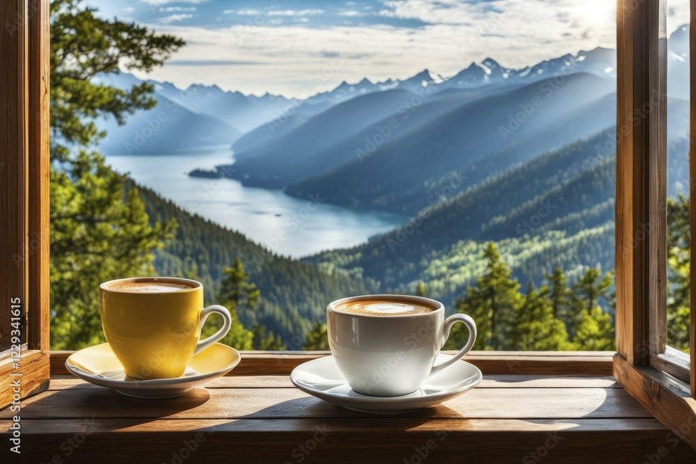 Two coffee cups on a window ledge providing a stunning view of green forests, a lake, and towering mountain peaks, AI generated Two coffee cups on a window ledge providing a stunning view of green forests, a lake, and towering mountain peaks, AI generated
