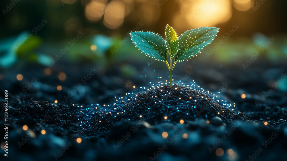 A sprout with illuminated leaves in a dark atmosphere, creating an atmosphere of unity between nature and technology.
A sprout with illuminated leaves in a dark atmosphere, creating an atmosphere of unity between nature and technology.
