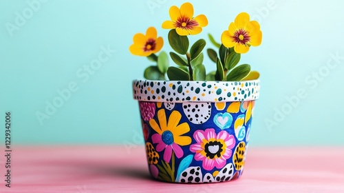 Colorful hand-painted flower pot with vibrant yellow pansies against a pastel blue background