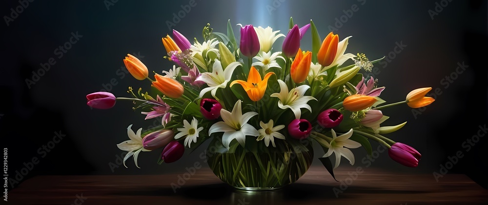 A gorgeous floral arrangement containing lilies tulips and daisies bursting with color A gorgeous floral arrangement containing lilies tulips and daisies bursting with color