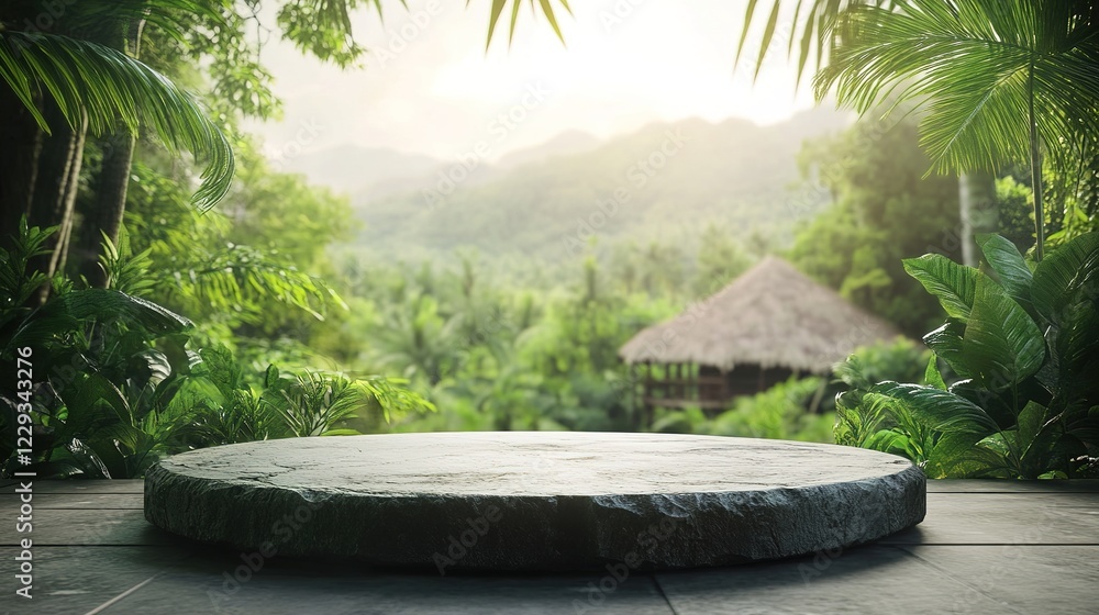 Stone table podium floor outdoor tropical garden jungle blur green leaf plant nature background. View of natural product placement pedestal stand, colorful hut with mountain hut background Stone table podium floor outdoor tropical garden jungle blur green leaf plant nature background. View of natural product placement pedestal stand, colorful hut with mountain hut background