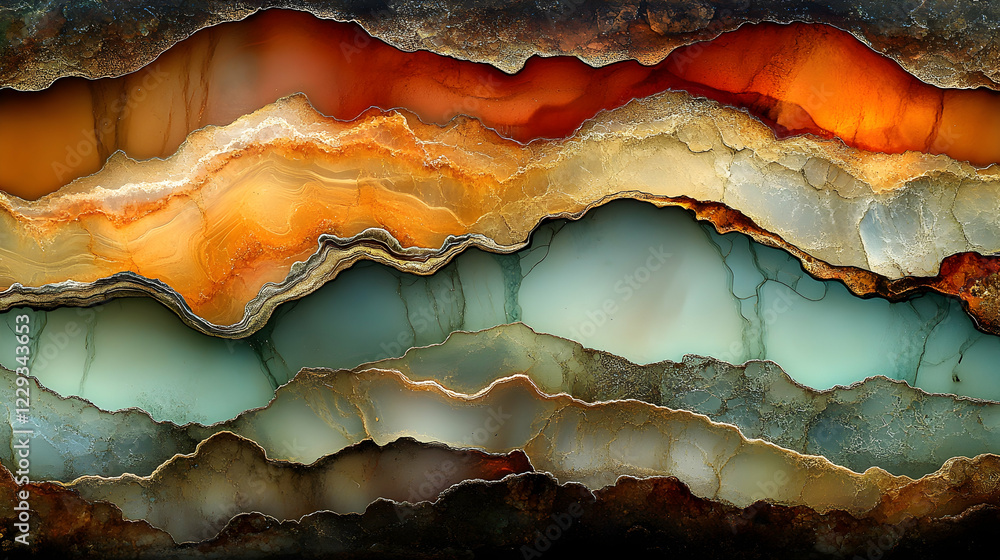 Fototapeta premium Abstract gemstone layers, vibrant hues, earth tones, interior design, wall art