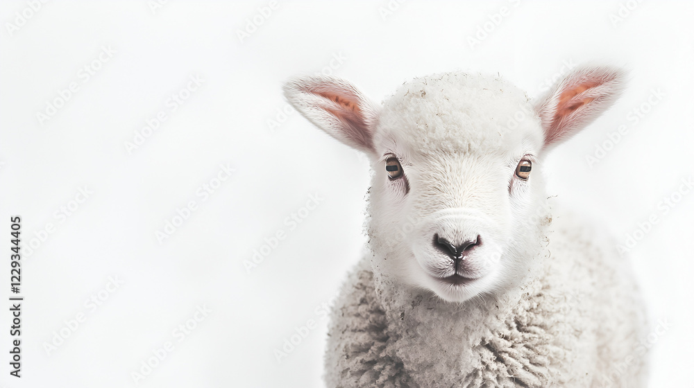 close-up of baby lamb against white background.ai generative