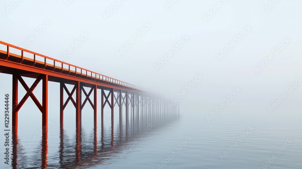 Fototapeta premium Red Bridge Extending into Misty Water
