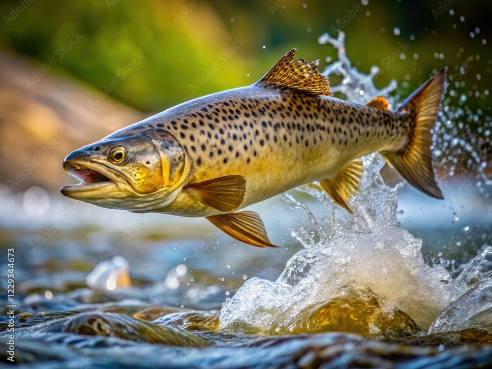 Action shot: A wild brown trout leaps from the river, showcasing vibrant freshwater life in a stunning nature photograph. Action shot: A wild brown trout leaps from the river, showcasing vibrant freshwater life in a stunning nature photograph.