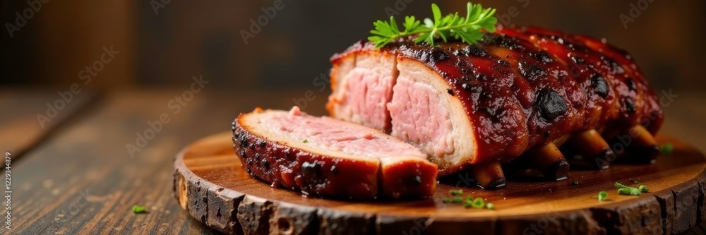 Tender pulled pork and slow-cooked ribs piled high on a wooden platter, ribs, meat Tender pulled pork and slow-cooked ribs piled high on a wooden platter, ribs, meat