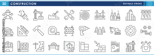 A set of line icons related to Construction. Construct, build, dam, building, infrastructure, house, tools, and so on. Vector editable stroke.