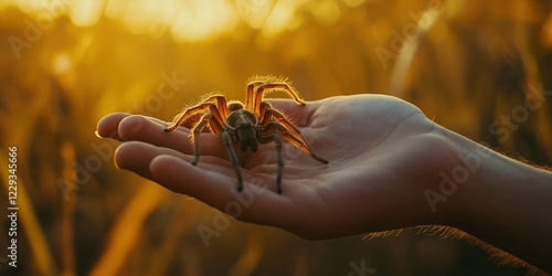 Hand gently cradling a large tarantula spider amidst a field of golden crops at sunset, capturing the enchanting beauty of nature's wonders in warm, glowing light