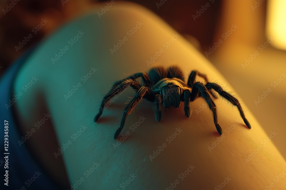 Large, hairy tarantula crawls across a person's shoulder, illuminated by dramatic, atmospheric lighting that creates a sense of mystery and intrigue Large, hairy tarantula crawls across a person's shoulder, illuminated by dramatic, atmospheric lighting that creates a sense of mystery and intrigue