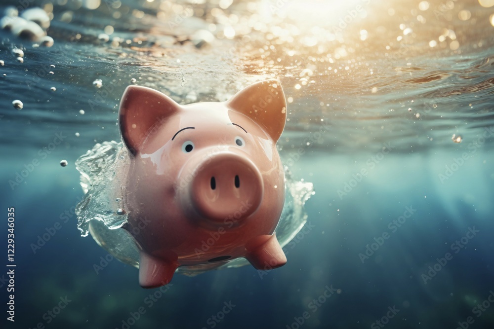 Piggy bank drowning in water. Concept for lost savings or economy recession. KI generiert, generiert AI generated