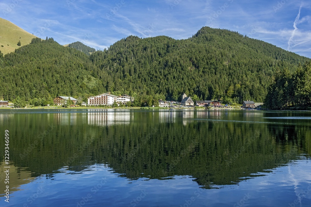 Fototapeta premium Arabella Alpenhotel, hotel, with lake and town of Spitzingsee, Schliersee, Rauhkopf mountain behind, Mangfall mountains, Bavarian Prealps, Upper Bavaria, Bavaria, Germany, Europe