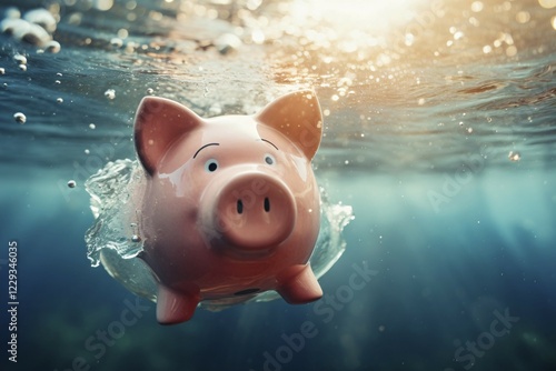Obraz na płótnie Piggy bank drowning in water. Concept for lost savings or economy recession. KI generiert, generiert AI generated w salonie