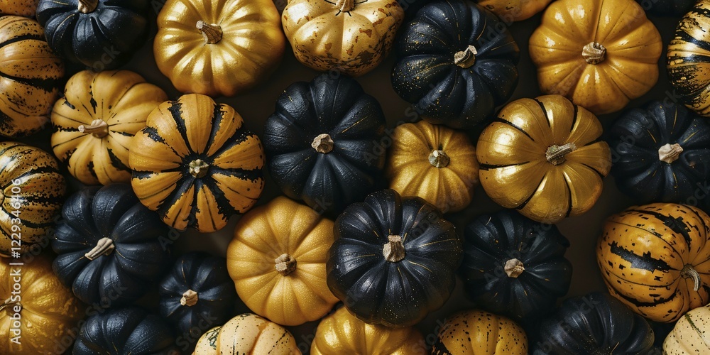 Banner with small golden and black painted pumpkins. Generative Ai, AI generated Banner with small golden and black painted pumpkins. Generative Ai, AI generated