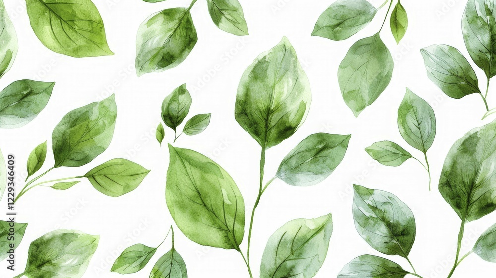Delicate watercolor leaves in varying green hues on a white background with a soft texture, AI generated Delicate watercolor leaves in varying green hues on a white background with a soft texture, AI generated