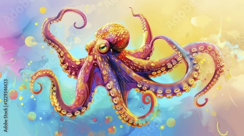 A vividly colored octopus with swirling tentacles in an abstract and imaginative art style, AI generated photo