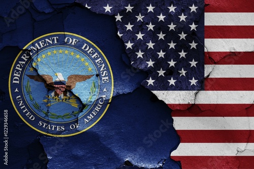 Flags of Department of Defense and USA painted on cracked wall