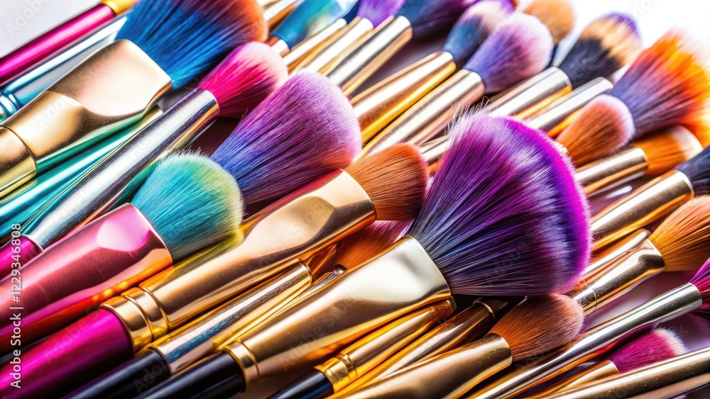Fototapeta premium A high-resolution drone shot reveals a vibrant collection of makeup brushes artfully arranged on a pristine white background.