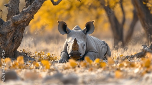 Rhino relaxing in autumn forest wildlife serene nature scene photo