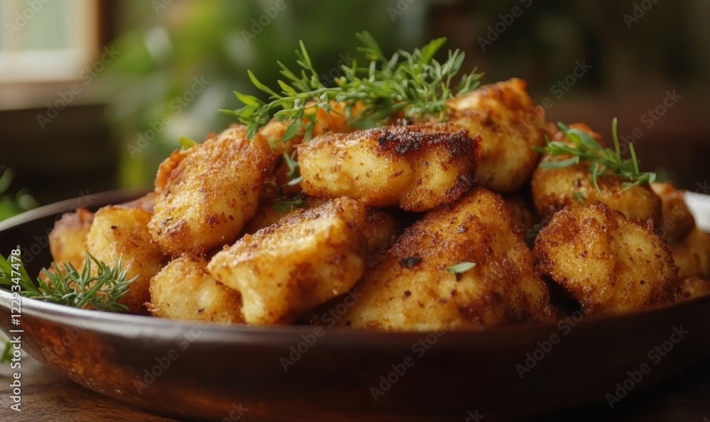 Delicious Plate of Freshly Cooked Golden Chicken Nuggets, Garnished with Green Herbs in a Rustic Setting, Perfect for Snack Time or Party Appetizers, Close-Up Food Photography, Delicious Plate of Freshly Cooked Golden Chicken Nuggets, Garnished with Green Herbs in a Rustic Setting, Perfect for Snack Time or Party Appetizers, Close-Up Food Photography,