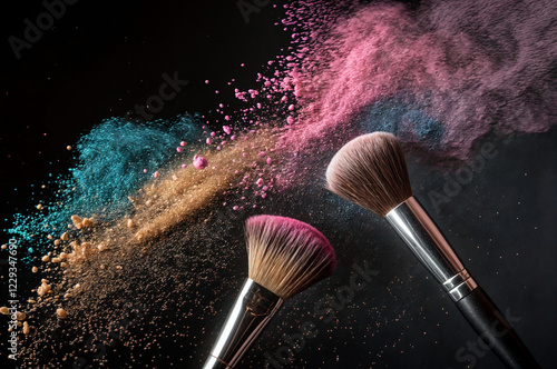 This image shows two makeup brushes with powder being dispensed from them, creating a dynamic and colorful effect against a dark background. This image shows two makeup brushes with powder being dispe photo