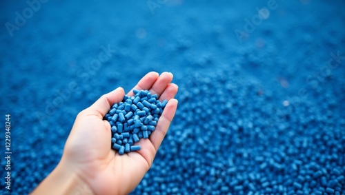 Obraz na płótnie a hand holding blue plastic pellets.