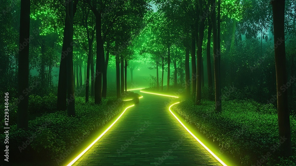 Fototapeta premium Illuminated path winding through misty green forest at night