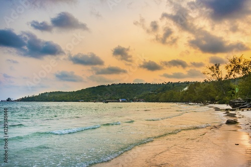 Idyllic sandy beach with turquoise water at sunset, Koh Tui Beach, Kaoh Touch Village, Koh Rong, Sihanoukville, Krong Preah Sihanouk, Cambodia, Asia photo