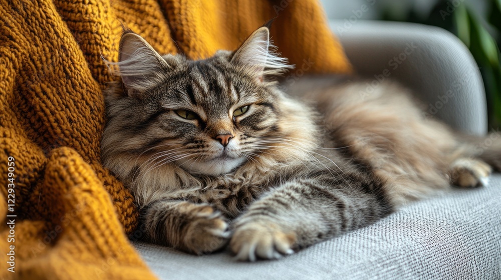 A fluffy Persian cat lounges comfortably on a stylish couch draped with a warm knitted blanket, soaking in the sun's soft glow during a leisurely afternoon A fluffy Persian cat lounges comfortably on a stylish couch draped with a warm knitted blanket, soaking in the sun's soft glow during a leisurely afternoon