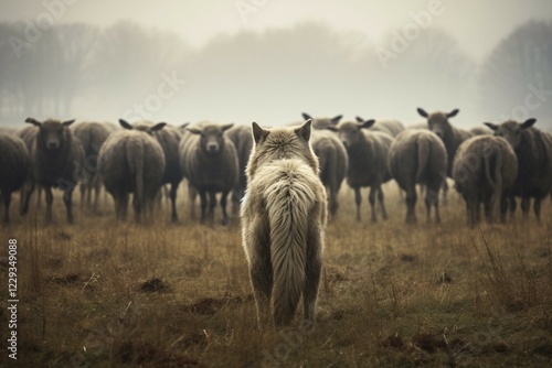 Back view of wolf looking at flock of sheep. Flood concept. Generative Ai, AI generated