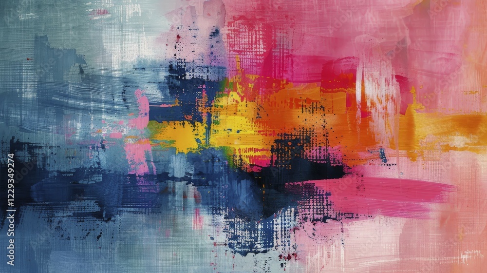 Naklejka premium A textural abstract painting with bold and colorful brush strokes in pink, orange, blue, and yellow, AI generated