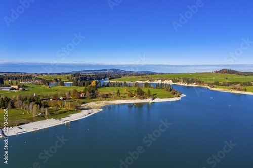 Drone shot, Reservoir Forggensee at low tide, Dietringen, region Füssen, Ostallgäu, Bavaria, Germany, Europe photo