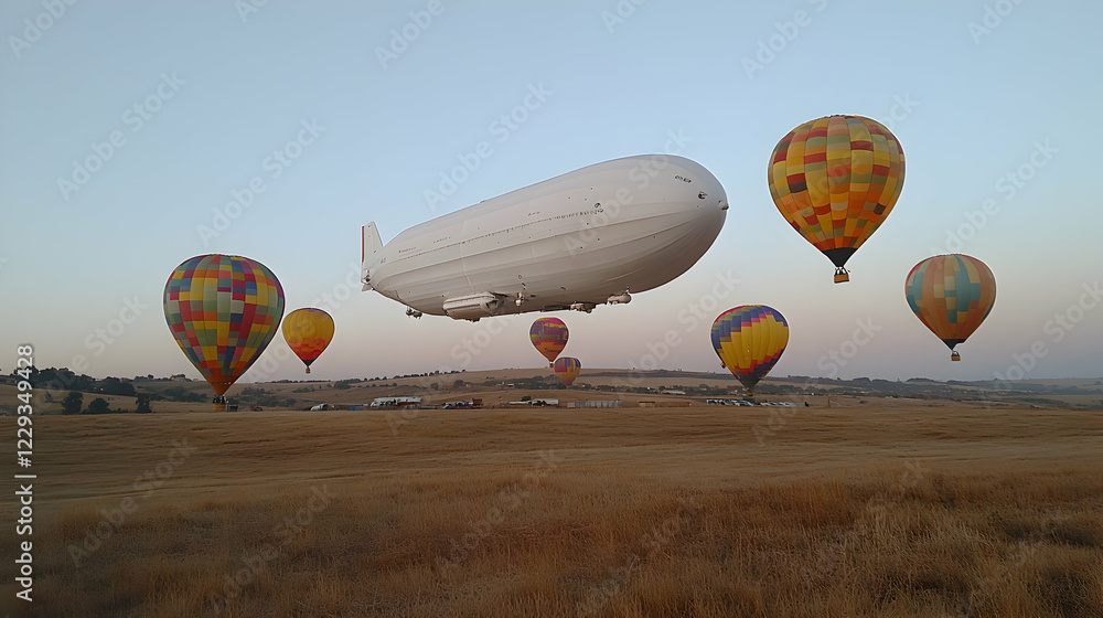 Obraz premium Airship and hot air balloons over field at dawn. Travel, adventure stock photo