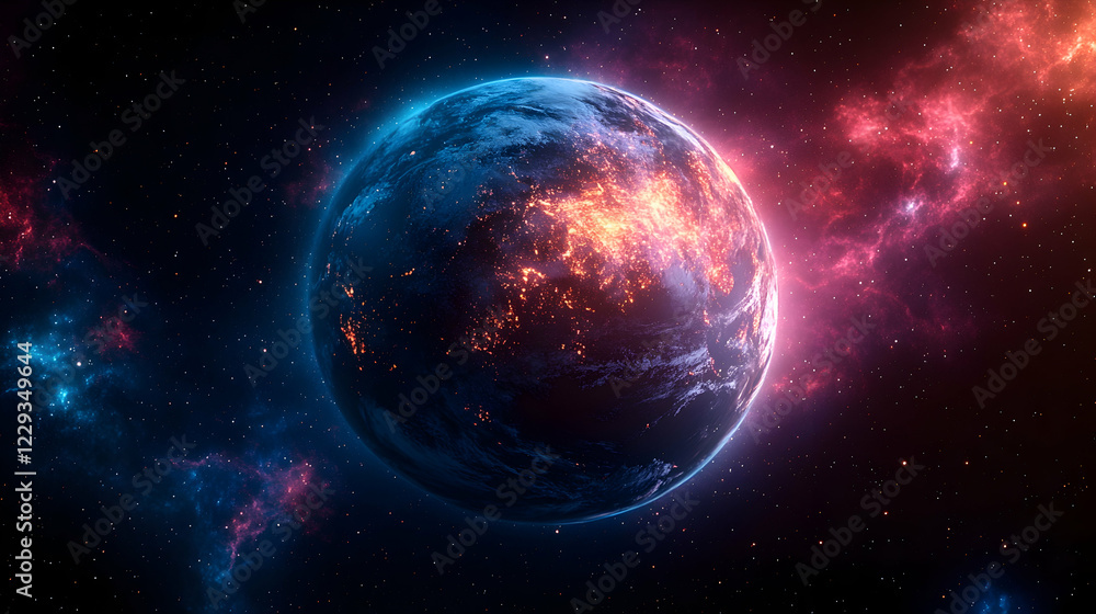 Fototapeta premium Alien Planet Night Lightscape, Space Nebula Background, Sci-Fi Concept, Digital Art