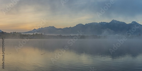 Lake Hopfensee, behind Hopfen am See and Ammergau Alps, near Füssen, Ostallgäu, Allgäu, Bavaria, Germany, Europe photo