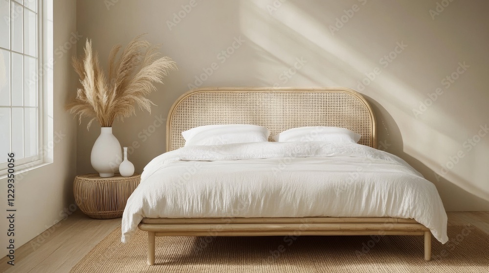 Naklejka premium modern japanese minimalist bedroom design, light beige wall color, natural rattan headboard bed frame, crisp white bedding layers, light wooden side table, dried pampas grass arrangement, white