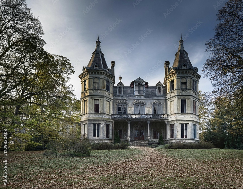 Mansion with turrets, set against an overcast sky, surrounded by autumn-colored trees and a sprawling lawn, AI generated Mansion with turrets, set against an overcast sky, surrounded by autumn-colored trees and a sprawling lawn, AI generated